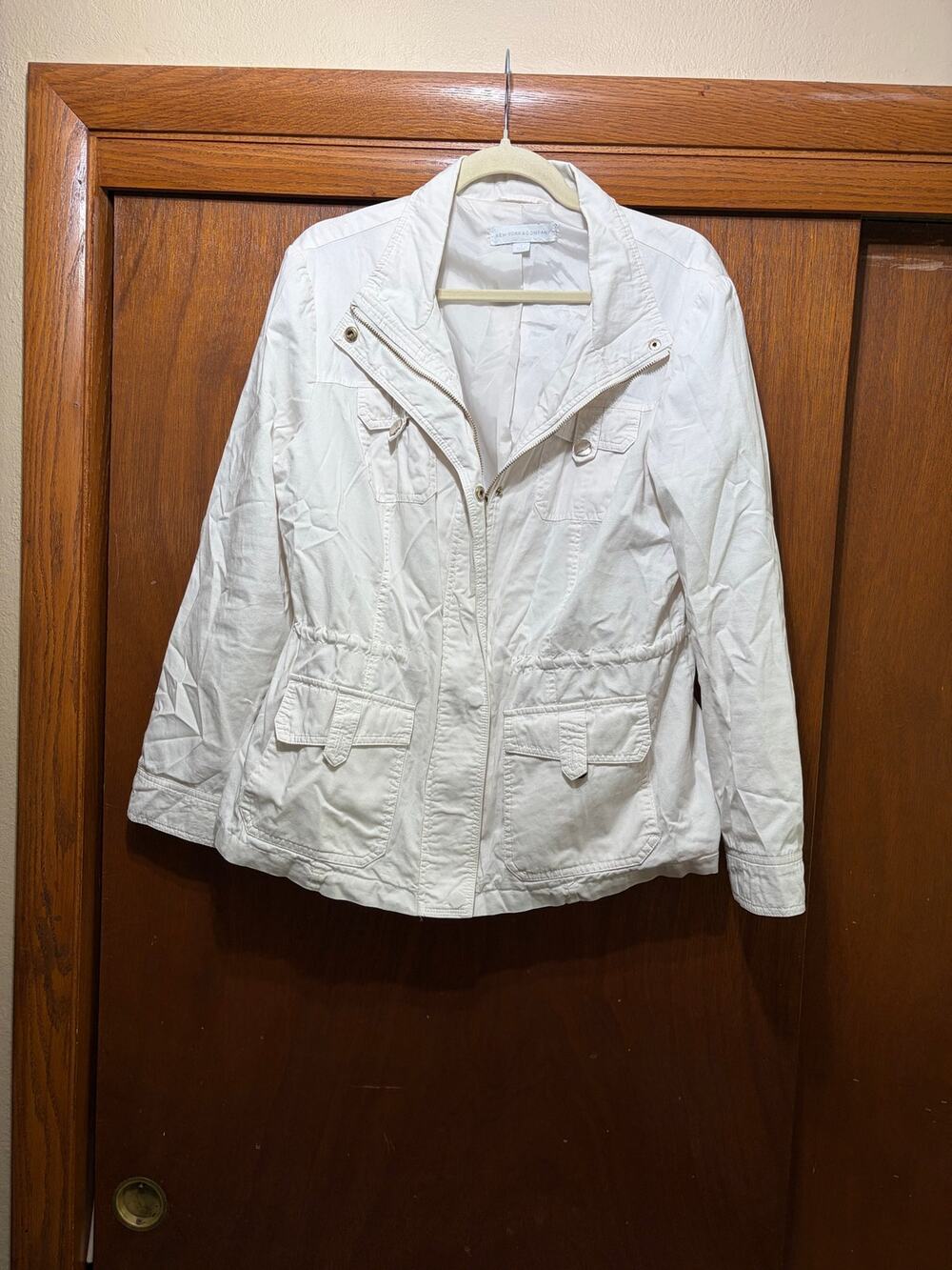 New York & Company White Utility Jacket Large Drawstring Cargo Lightweight